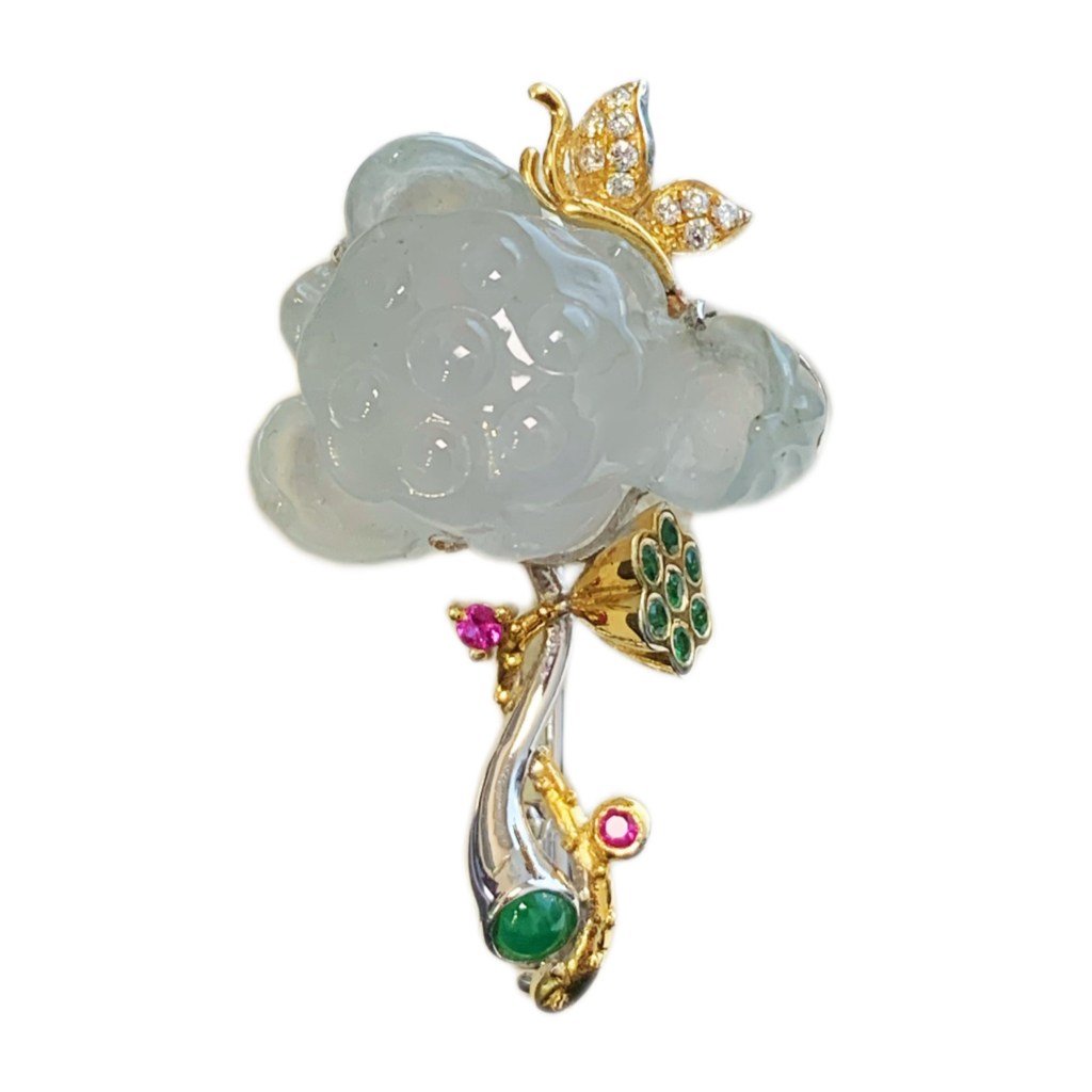 特價@緬甸翡翠A玉冰蓮花胸針Jadiete Jade Icy Lotus Brooch 18K Gold & Diamonds