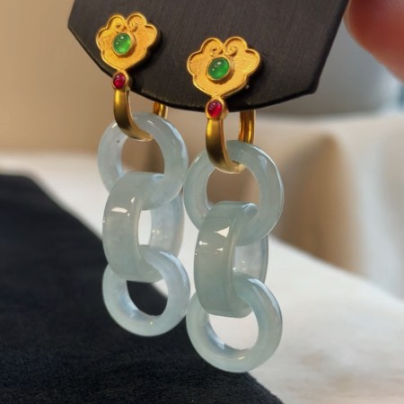 緬甸翡翠A玉耳環冰種三環扣耳環Burmese Jadeite Jade Triple Hoop Earrings 18K Gold