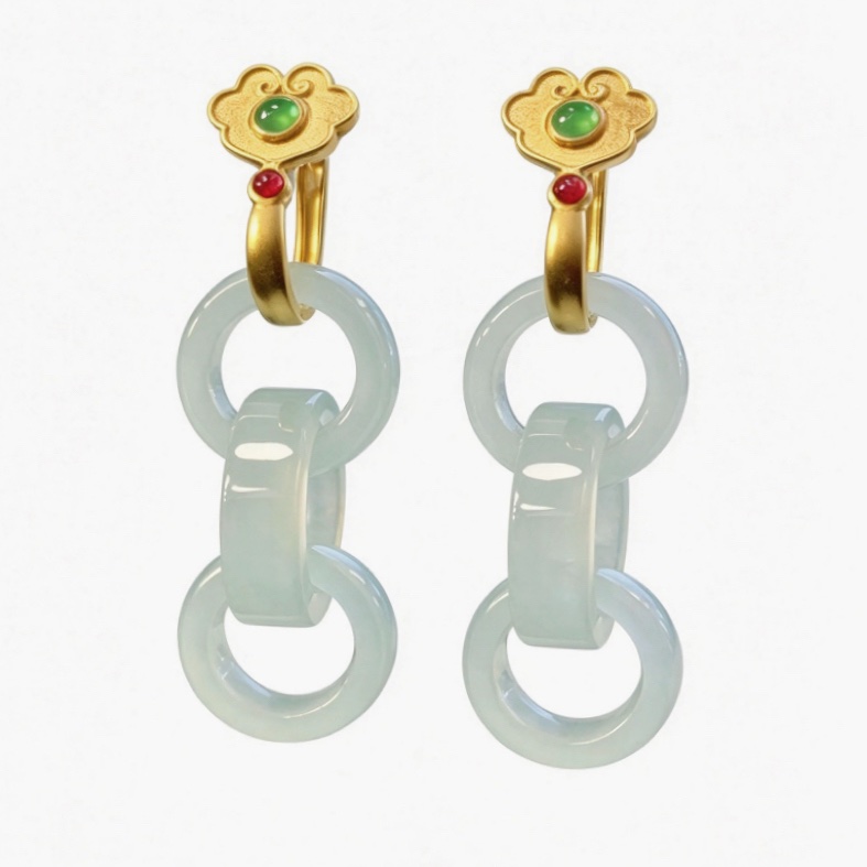 緬甸翡翠A玉耳環冰種三環扣耳環Burmese Jadeite Jade Triple Hoop Earrings 18K Gold