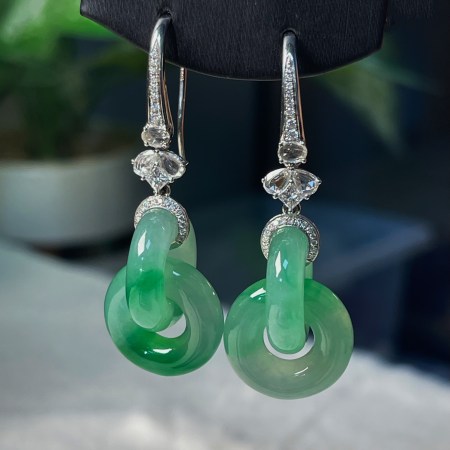 冰綠雙環緬甸翡翠A玉耳環Burmese Jadeite Jade Double Hoop Earrings 18K Gold Rubies & Diamonds