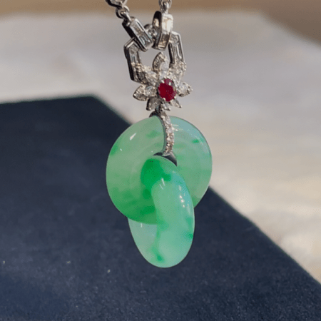 緬甸翡翠A玉白底青雙環吊墜Burmese Jadiete Jade Bright Green Double Hoop Pendant 18K Gold & Diamonds