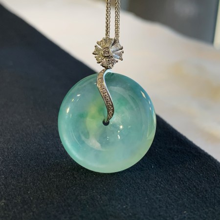 緬甸翡翠A玉冰綠平安扣吊墜Burmese Jadeite Jade Round Buckle Pendant 18K Gold & Diamonds