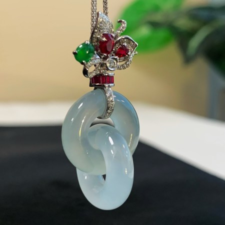 緬甸翡翠A玉冰種翡翠雙環吊墜Burmese Jadeite Jade Icy Double Hoop Pendant 18K Gold & Diamonds