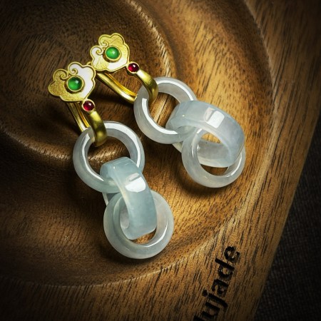 緬甸翡翠A玉耳環冰種三環扣耳環Burmese Jadeite Jade Triple Hoop Earrings 18K Gold