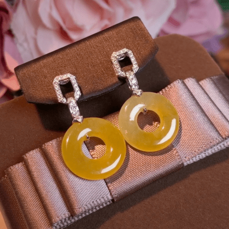 【特價】緬甸翡翠A玉黃翡扣甜甜圈耳釘Burmese Jadeite Jade Yellow Buckle Earring Studs 18K Gold & Diamonds