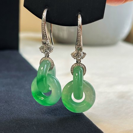 冰綠雙環緬甸翡翠A玉耳環Burmese Jadeite Jade Double Hoop Earrings 18K Gold Rubies & Diamonds
