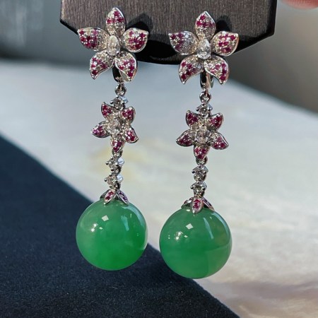 Burmese Jadeite Jade Apple Green Bead Earrings 蘋果綠圓珠緬甸翡翠A玉耳環