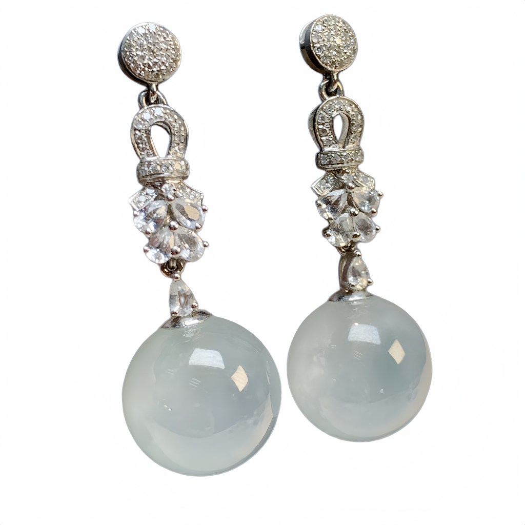 緬甸翡翠A玉冰珠耳釘 Burmese Jadeite Jade Icy Bead Earrings 18K Gold & Diamonds