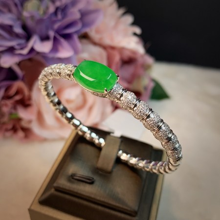 天然緬甸翡翠鞍面鑽石手鐲 Burmese Jadeite Jade Baguet Shaped Diamond Bracelet