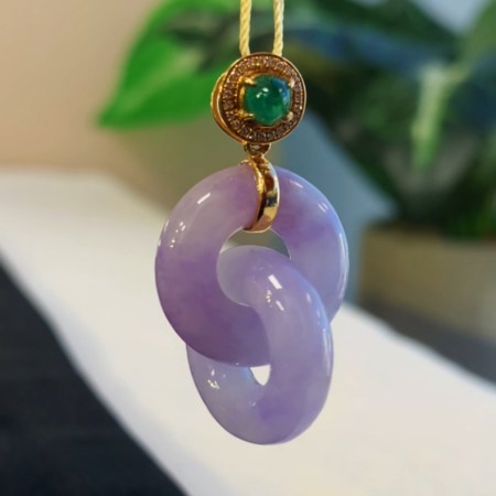 天然緬甸翡翠A玉紫羅蘭雙環吊墜Burmese Jadeite Jade Double Hoop Pendant 18K Gold Emerald & Diamonds