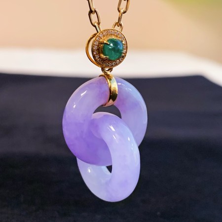 天然緬甸翡翠A玉紫羅蘭雙環吊墜Burmese Jadeite Jade Double Hoop Pendant 18K Gold Emerald & Diamonds