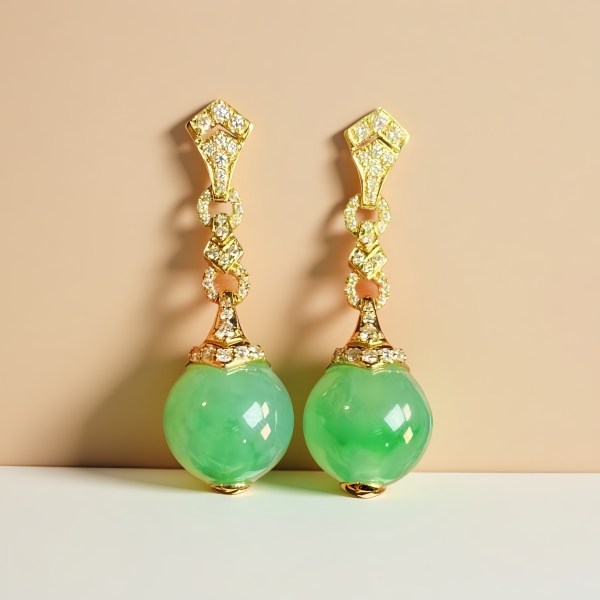 天然緬甸翡翠A玉蘋果綠圓珠耳釘 Burmese Jadeite Jade Apple Green Bead Earrings 18K Gold & Diamonds