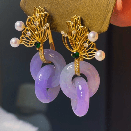 緬甸翡翠A玉紫羅蘭雙環耳環Burmese Jadeite Jade Lavender Double Hoop Earrings 18k Gold