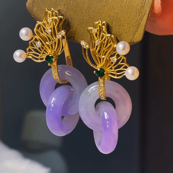 緬甸翡翠A玉紫羅蘭雙環耳環Burmese Jadeite Jade Lavender Double Hoop Earrings 18k Gold