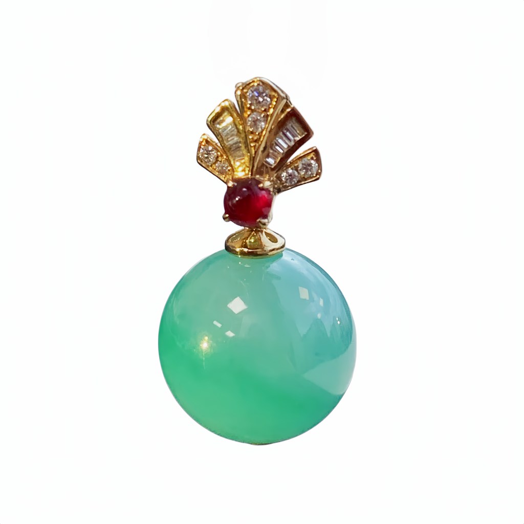 緬甸翡翠A玉綠珠吊墜18K金鑽石紅寶石Burmese Jadeite Jade Bead Pendant 18K Gold Rubies & Diamonds