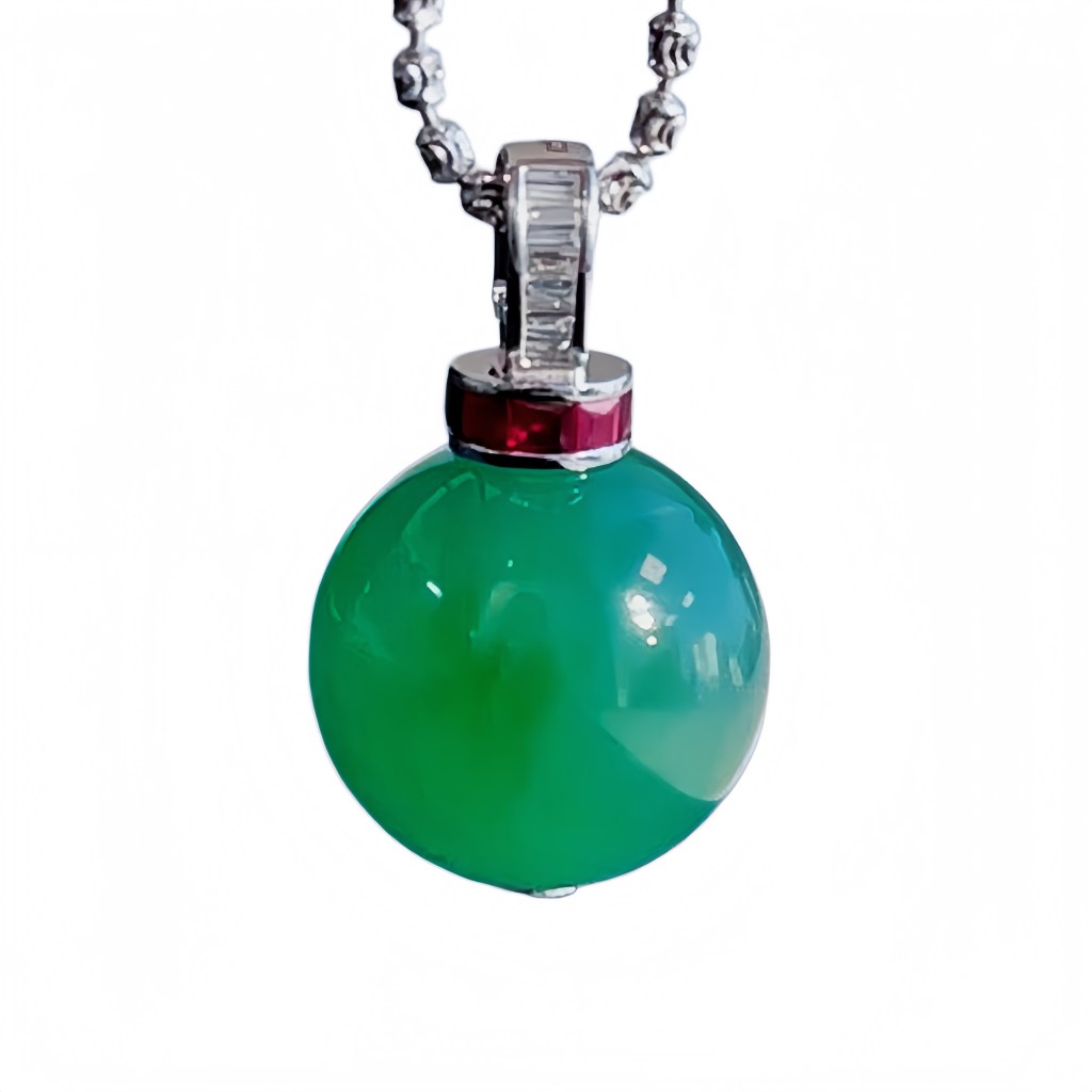 緬甸翡翠A玉綠珠吊墜18K金鑽石紅寶石Burmese Jadeite Jade Bead Pendant 18K Gold Rubies & Diamonds