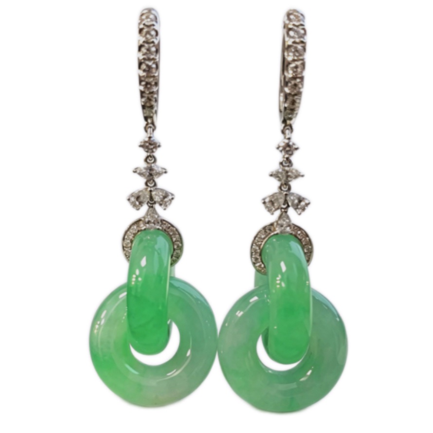 特價@緬甸翡翠A玉蘋果綠雙環吊墜Burmese Jadeite Jade Apple Green Double Hoop Earrings 18k Gold