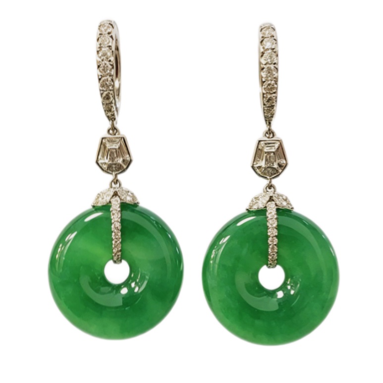 緬甸翡翠A玉辣綠平安扣耳環Burmese Jadeite Jade Donut Earrings 18K Gold Diamonds