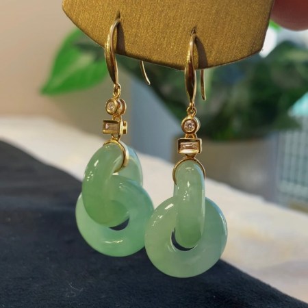 【特價】緬甸翡翠A玉淡綠雙環Burmese Jadeite Jade Light Green Double Hoop Earring 18K Gold & Diamonds