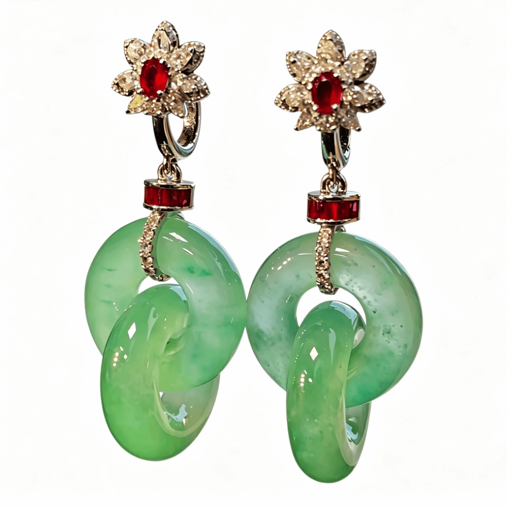 緬甸翡翠A玉冰綠雙環耳環Burmese Jadeite Jade Double Hoop Earrings 18K Gold Rubies & Diamonds