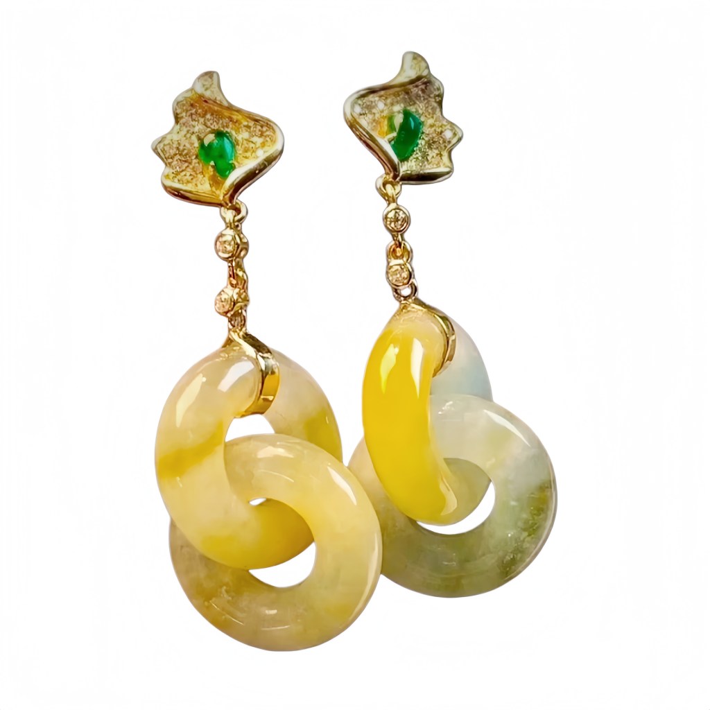 特價@緬甸翡翠A玉黃翡雙環Burmese Jadeite Jade Yellow Double Hoop Earring 18K Gold & Diamonds
