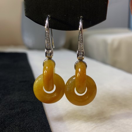 緬甸翡翠A玉焦糖黃翡雙環吊 Burmese Jadeite Jade Brown Yellow Double Hoop Earrings 18k Gold