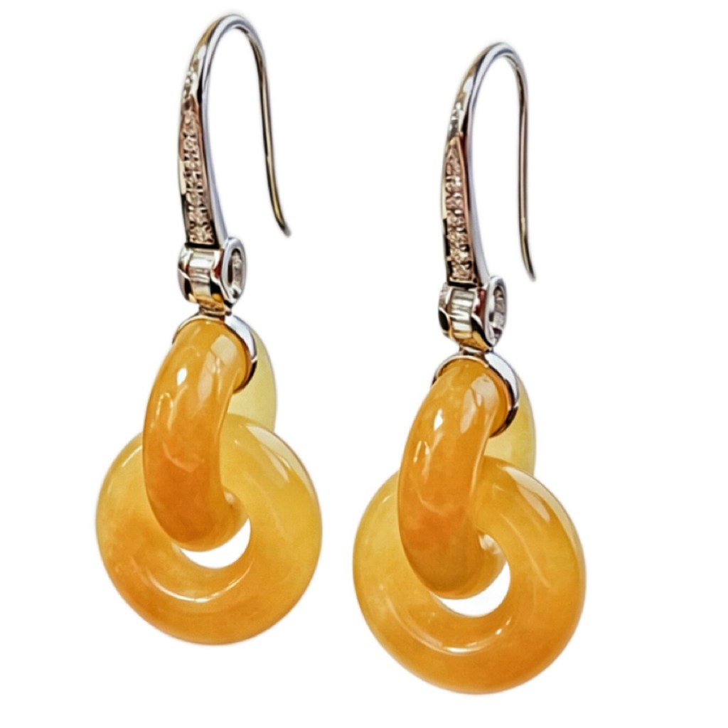 緬甸翡翠A玉焦糖黃翡雙環吊 Burmese Jadeite Jade Brown Yellow Double Hoop Earrings 18k Gold