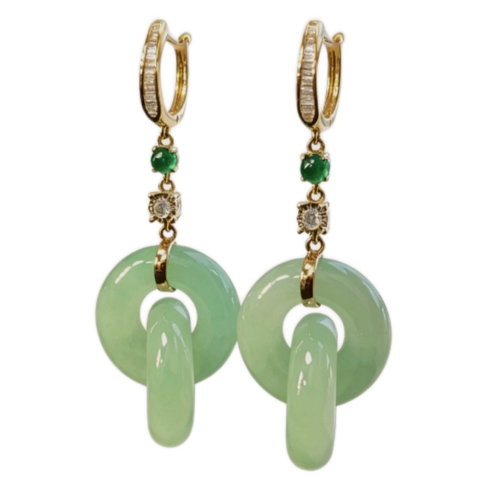 特價@緬甸翡翠A玉淺綠雙環耳環Burmese Jadeite Jade Light Green Double Hoop Earrings 18k Gold & Emerald