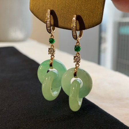 【特價】緬甸翡翠A玉淺綠雙環耳環Burmese Jadeite Jade Light Green Double Hoop Earrings 18k Gold & Emerald