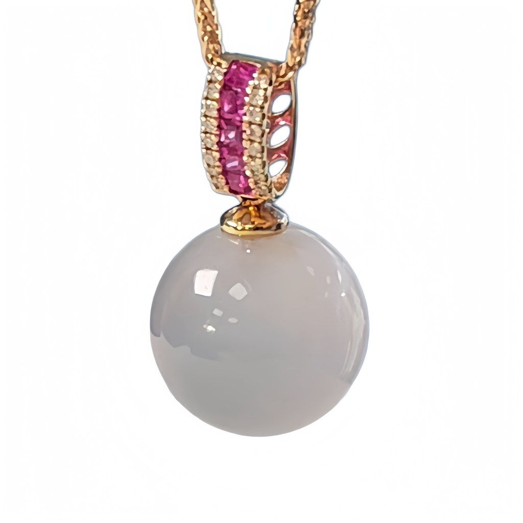 特價@天然緬甸翡翠A玉冰種圓珠吊墜Burmese Jadeite Jade Icy Bead Pendant 18K Gold, Rubbies & Diamonds