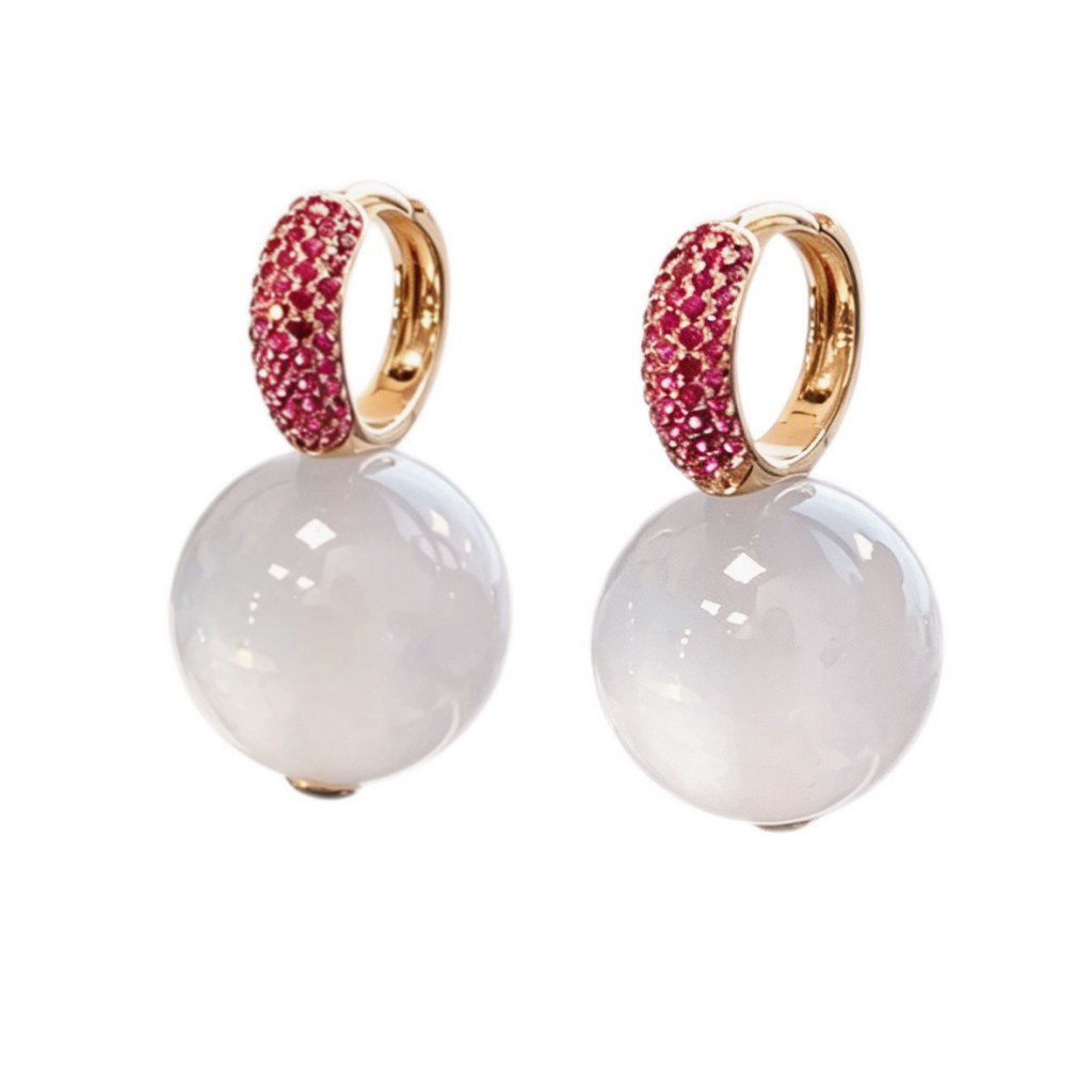 緬甸翡翠A玉冰種圓珠耳釘 14.9mm Burmese Jadeite Jade Icy Bead Earrings 18K Gold & Rubies