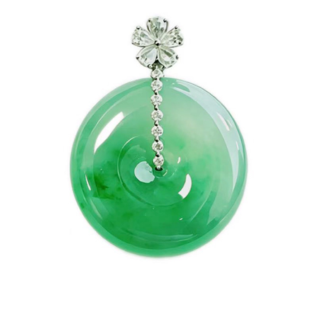 緬甸翡翠A玉冰綠平安扣吊墜Burmese Jadeite Jade Round Buckle Pendant 18K Gold & Diamonds