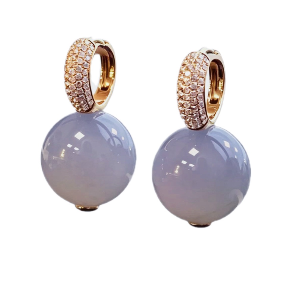 緬甸翡翠A玉高紫羅蘭圓珠耳環18K金鑽石 Burmese Jadeite Jade Lavender Bead Earrings 18K Gold & Diamonds