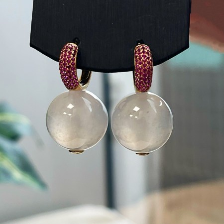 天然緬甸翡翠A玉冰種圓珠耳釘 Burmese Jadeite Jade Icy Bead Earrings 18K Gold & Rubies