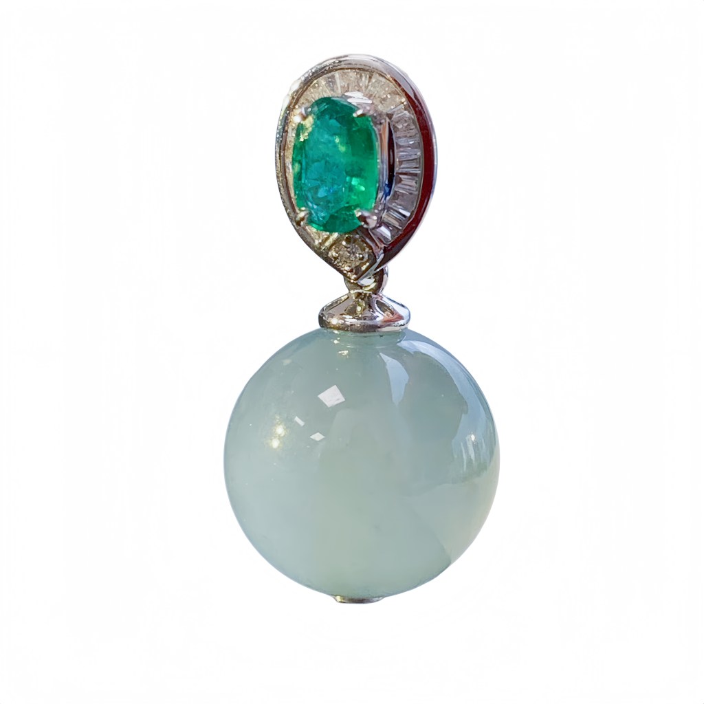 緬甸翡翠A玉冰珠吊墜18K金鑽石Burmese Jadeite Jade Icy Bead Pendant 18K Gold, Emerald & Diamonds