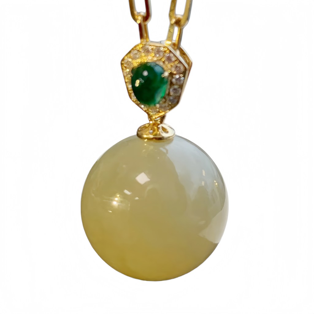 緬甸翡翠A玉黃翡圓珠吊墜18K金鑽石Burmese Jadeite Jade Yellow Bead Pendant 18K Gold，Emerald & Diamonds