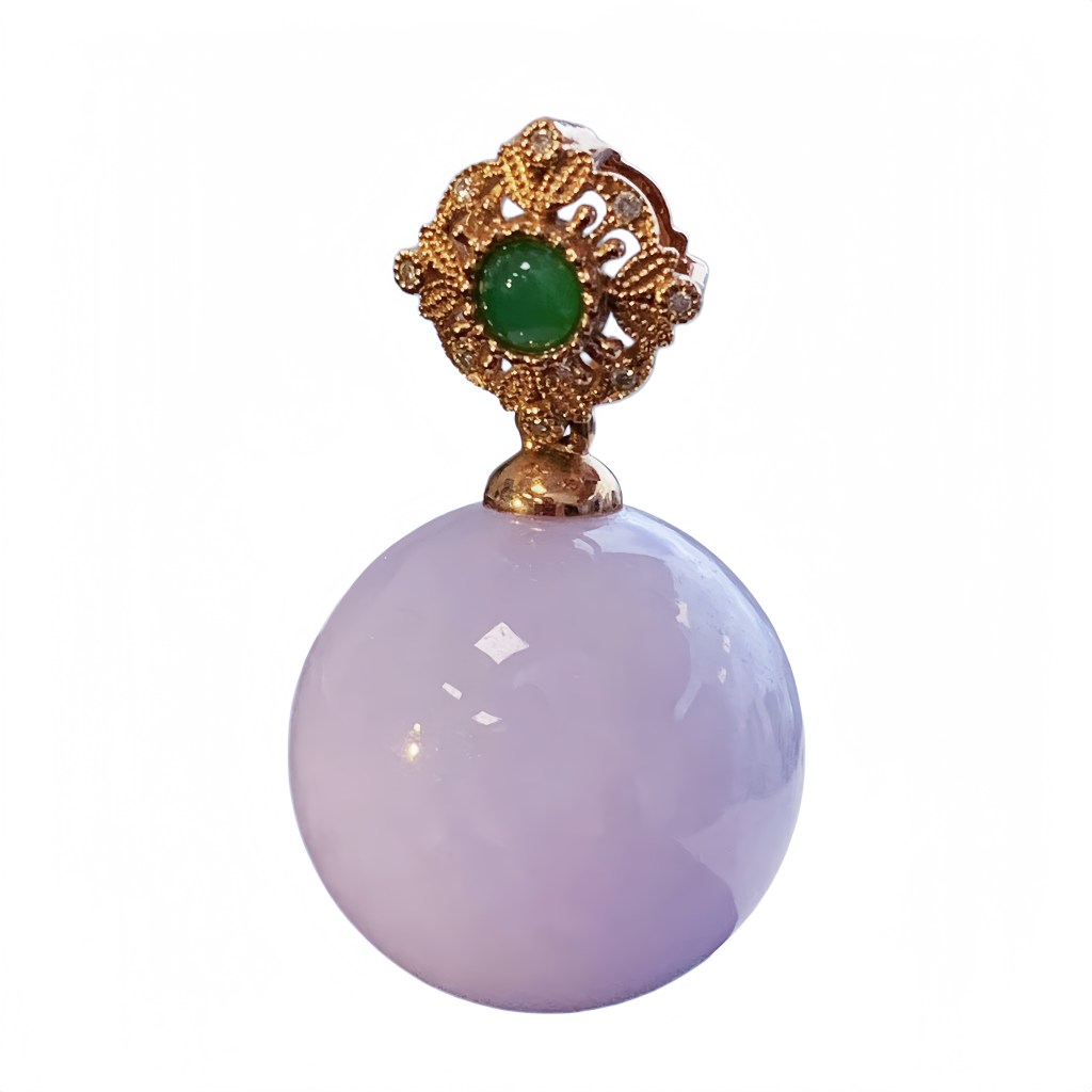 緬甸翡翠A玉粉紫圓珠吊墜18K金鑽石Burmese Jadeite Jade Pinky Lavender Bead Pendant 18K Gold & Diamonds
