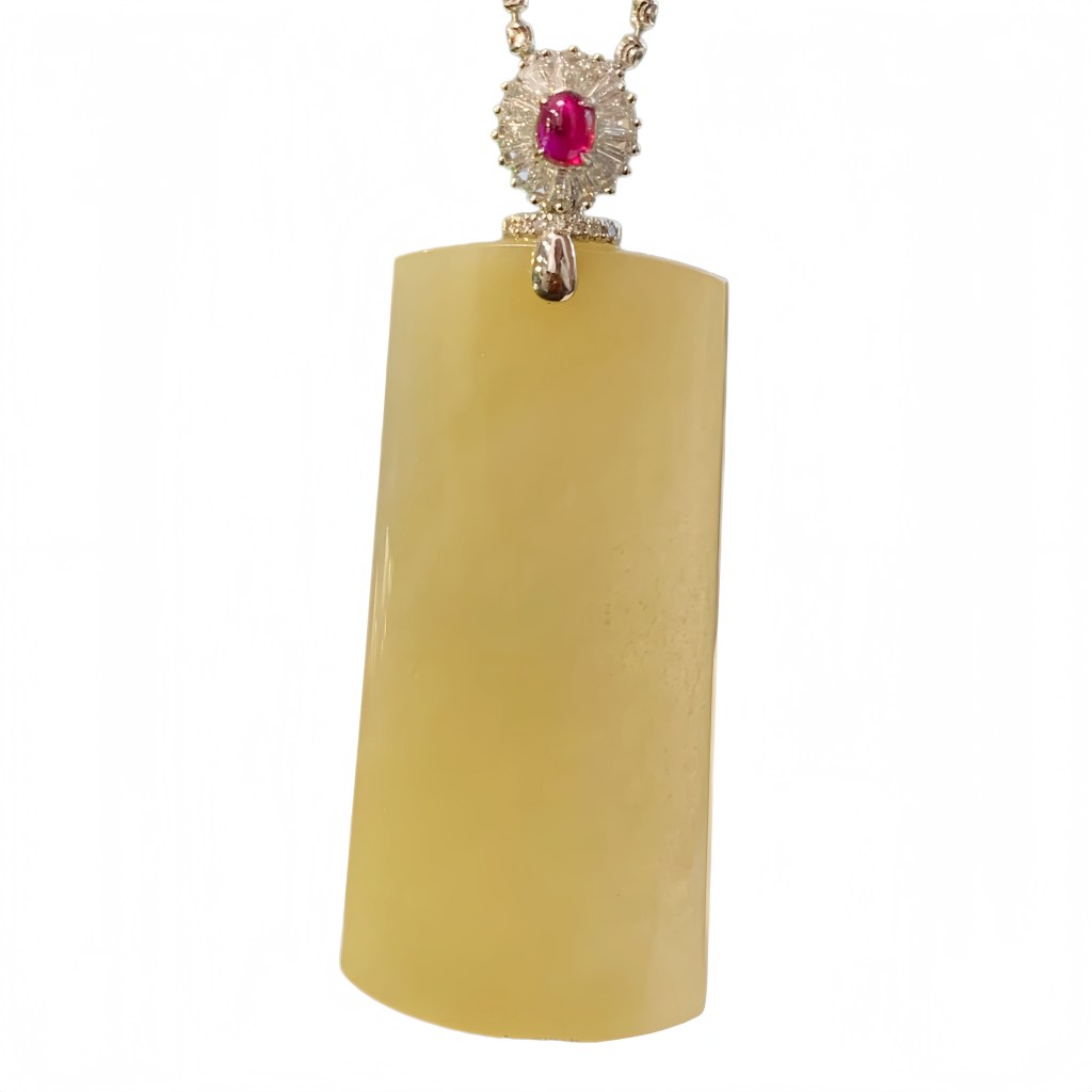 緬甸翡翠A玉冰黃無事牌18K金鑽石 Burmese Jadeite Jade Icy Yellow Plague Pendant 18K Gold & Diamonds