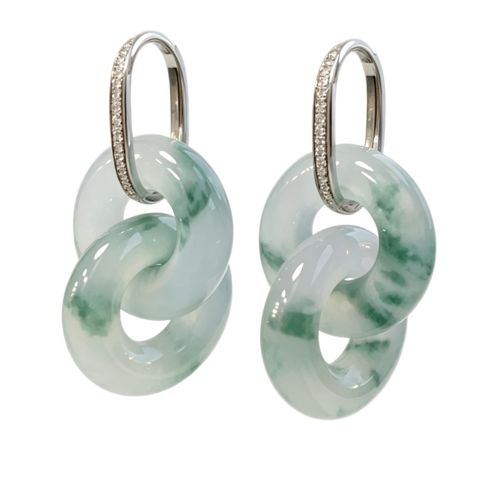 緬甸翡翠A玉冰飄花雙環耳環Burmese Jadeite Jade Icy Bluish Floral Double Hoop Earrings 18k Gold & Diamonds