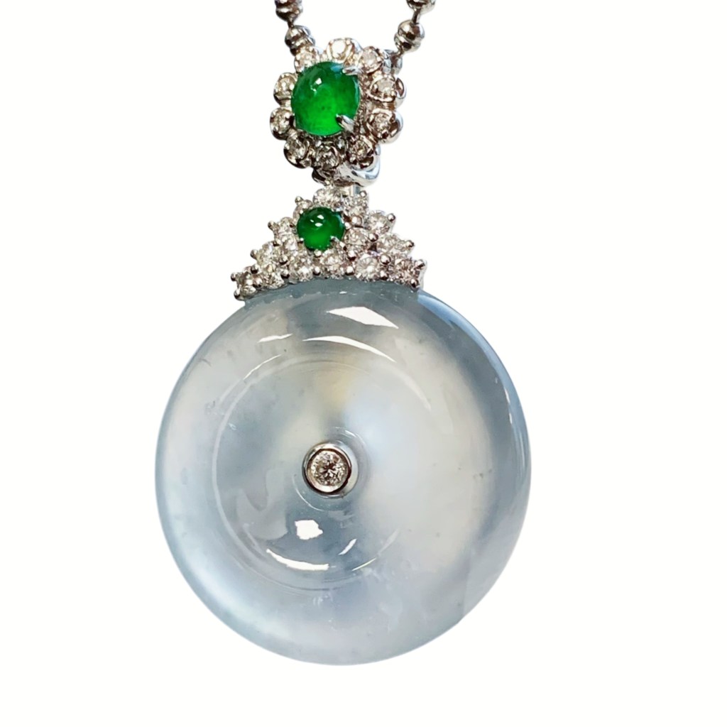 緬甸翡翠A玉玻璃種平安扣Burmese Jadeite Jade Icy Buckle Pendant 18k Gold & Diamonds