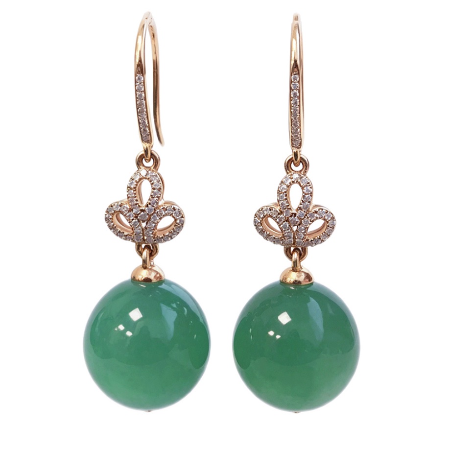 特價@緬甸翡翠A玉湖綠珠耳環Burmese Jadeite Jade Emerald Green Bead Earrings 18K Gold & Diamonds