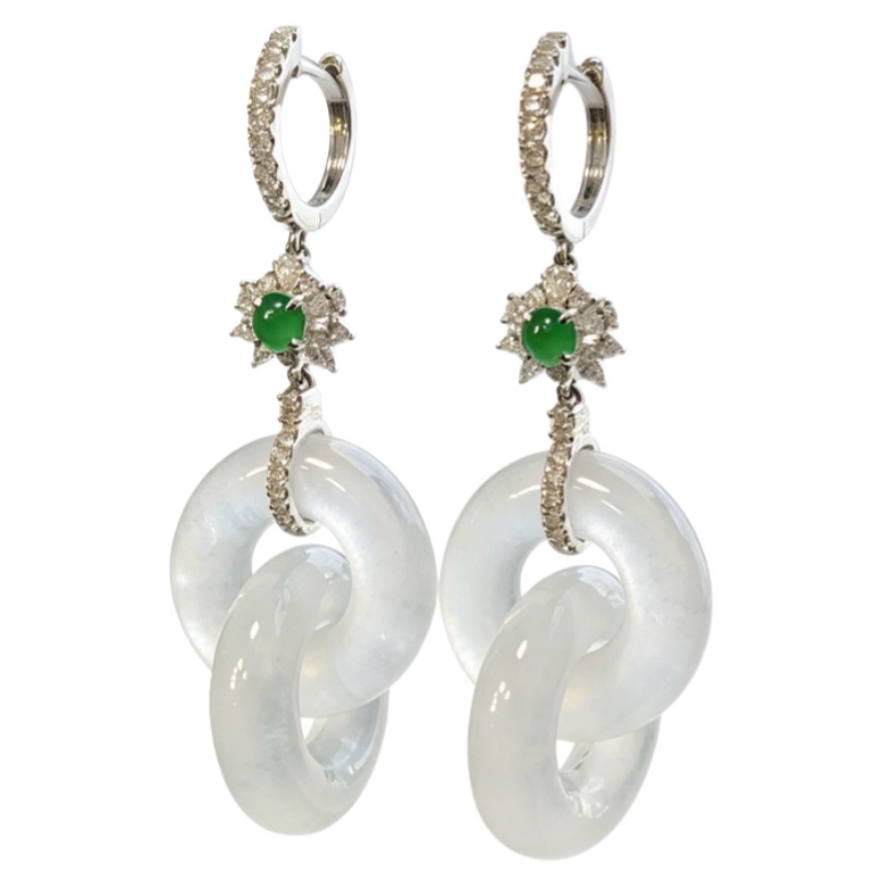 緬甸翡翠A玉耳環冰種雙環耳環-M碼 Burmese Jadeite Jade Double Hoop Earrings 18K Gold
