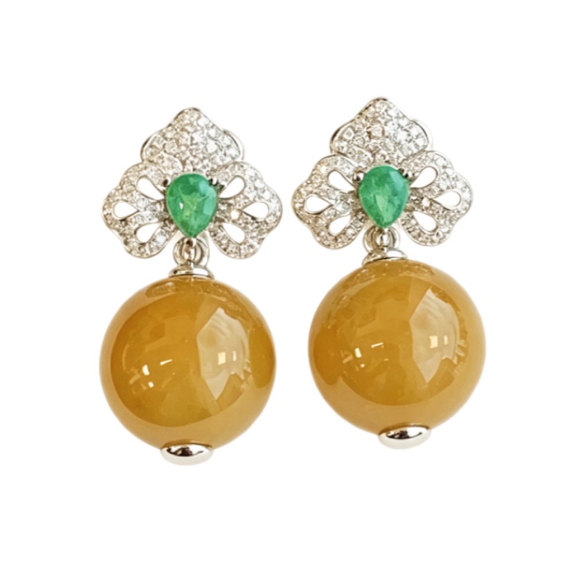 緬甸翡翠A玉黃翡圓珠耳環Burmese Jadeite Jade Yellow Bead Earrings 18K Gold & Sapphire