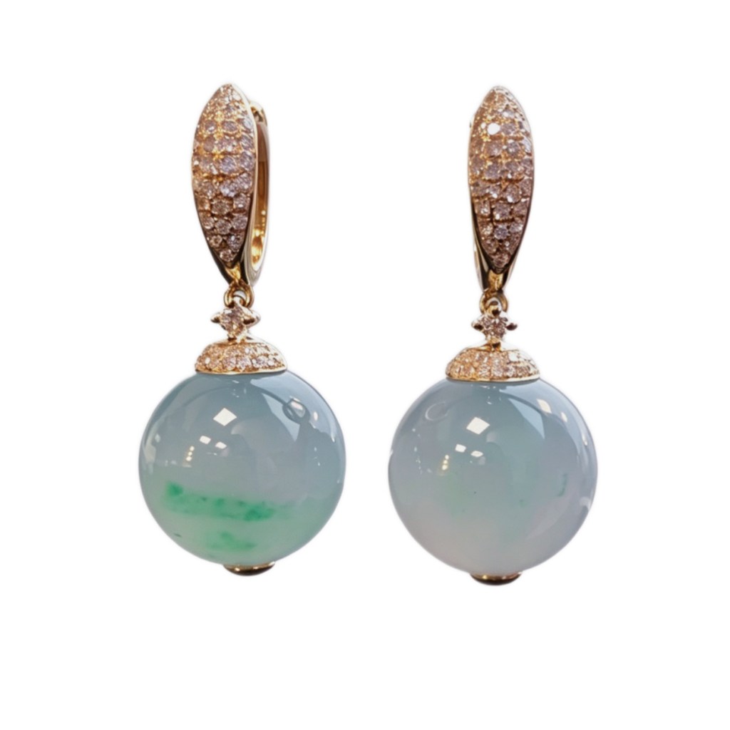 緬甸翡翠A玉春彩圓珠耳環Burmese Jadeite Jade Lavender & Green Bead Earrings 18K Gold & Diamonds