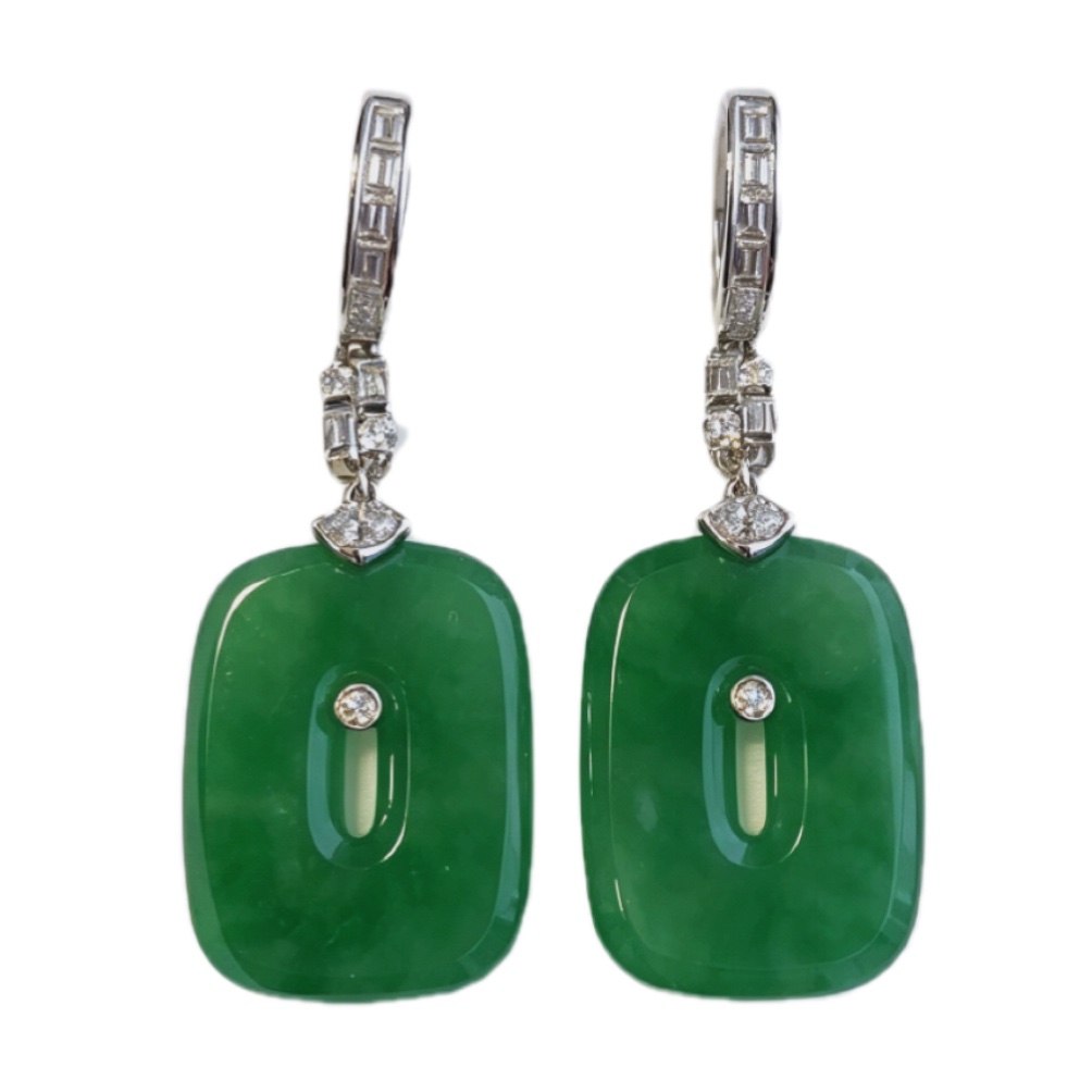 緬甸翡翠A玉辣綠方扣耳環Burmese Jadeite Jade Emerald Green Square Buckle Earrings 18K Gold & Diamonds