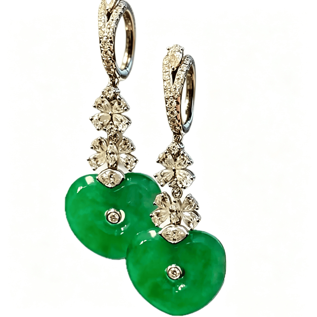 緬甸A玉綠心耳環18K金天然鑽石Burmese Jadeite Jade Emerald Green Heart Shaped Earrings 18K Gold & Diamonds