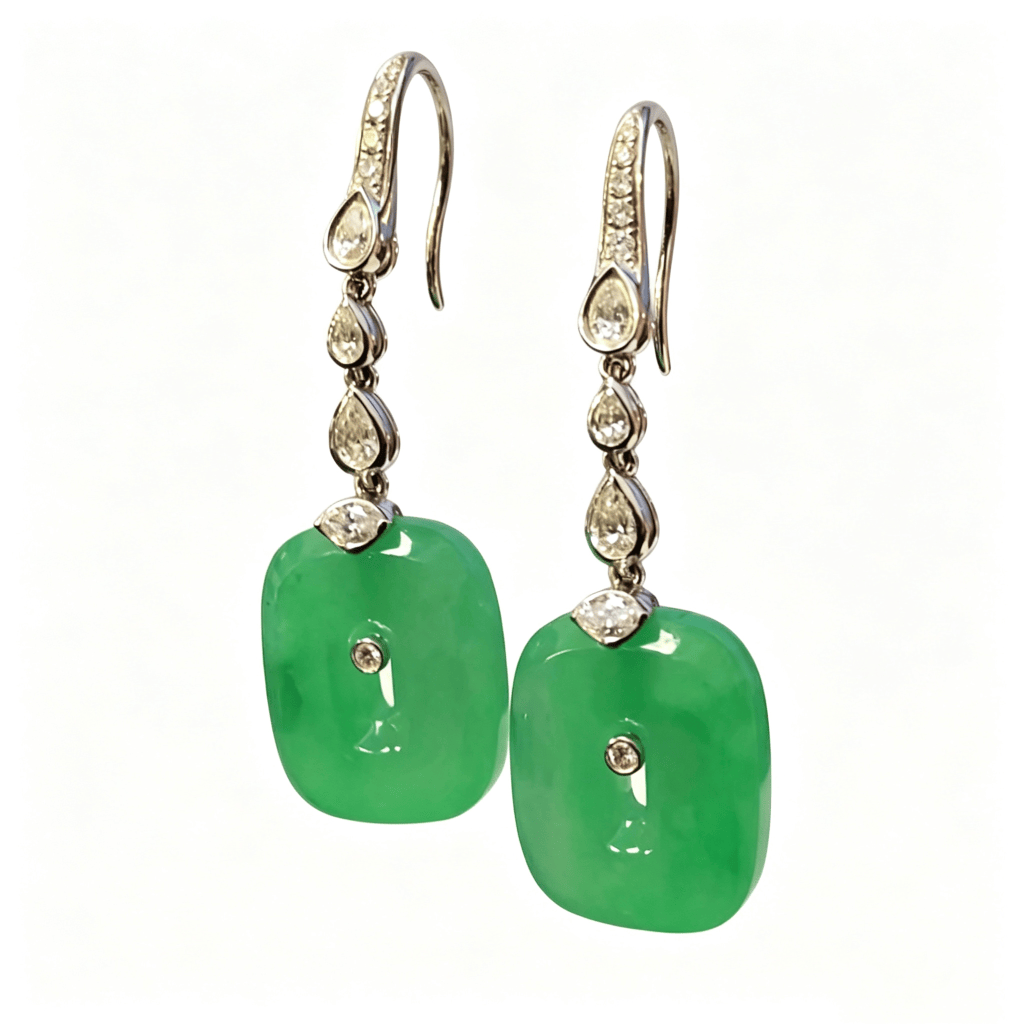 緬甸翡翠A玉辣綠方扣耳環Burmese Jadeite Jade Emerald Green Square Buckle Earrings 18K Gold & Diamonds