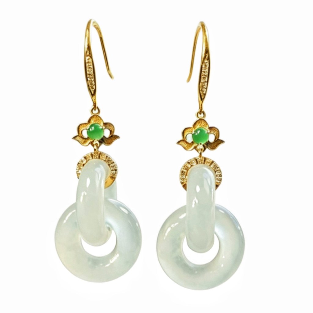 緬甸翡翠A玉耳環冰種雙環耳環Burmese Jadeite Jade Double Hoop Earrings 18K Gold