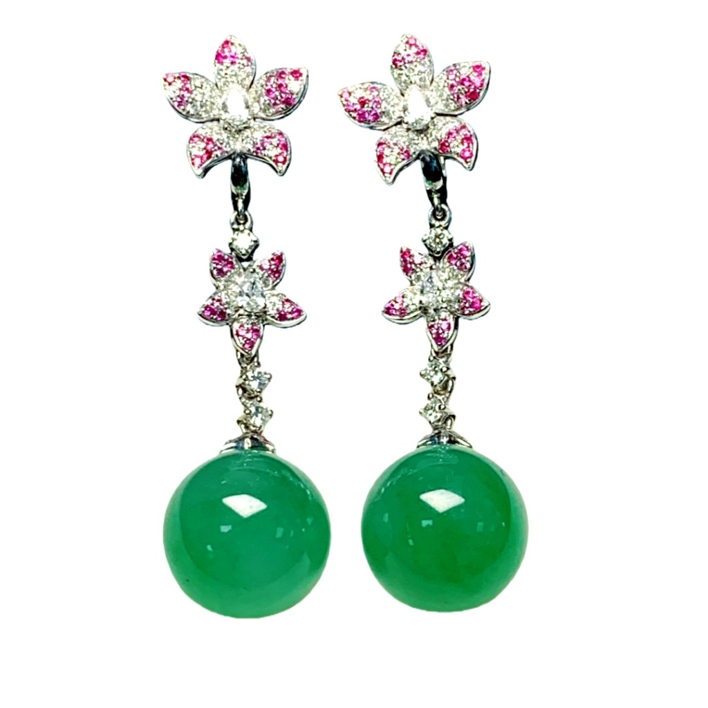 緬甸翡翠A玉綠珠耳環Burmese Jadeite Jade Bright Green Bead Earrings 18K Gold & Rubies