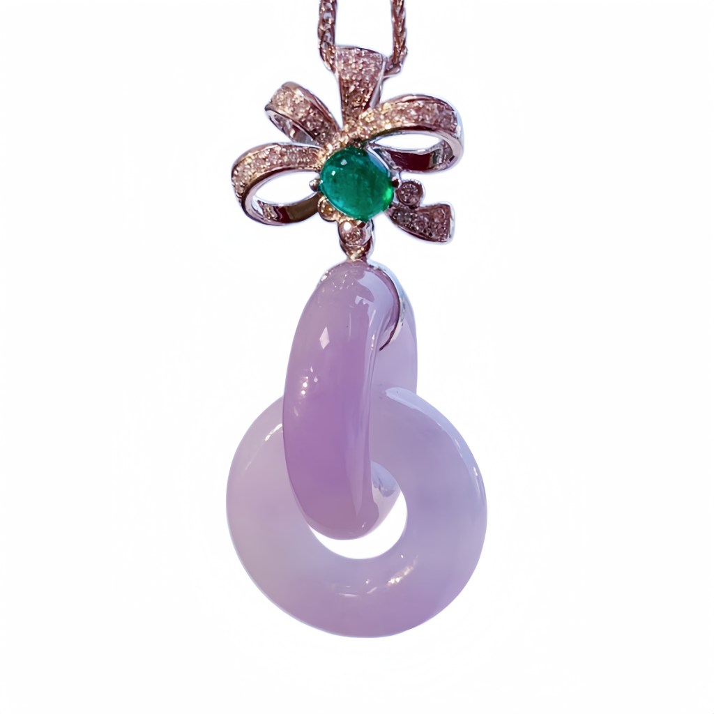 緬甸翡翠A玉紫羅蘭雙環吊墜Burmese Jadeite Jade Lavender Double Hoop Pendant 18K Gold、Emerald & Diamonds